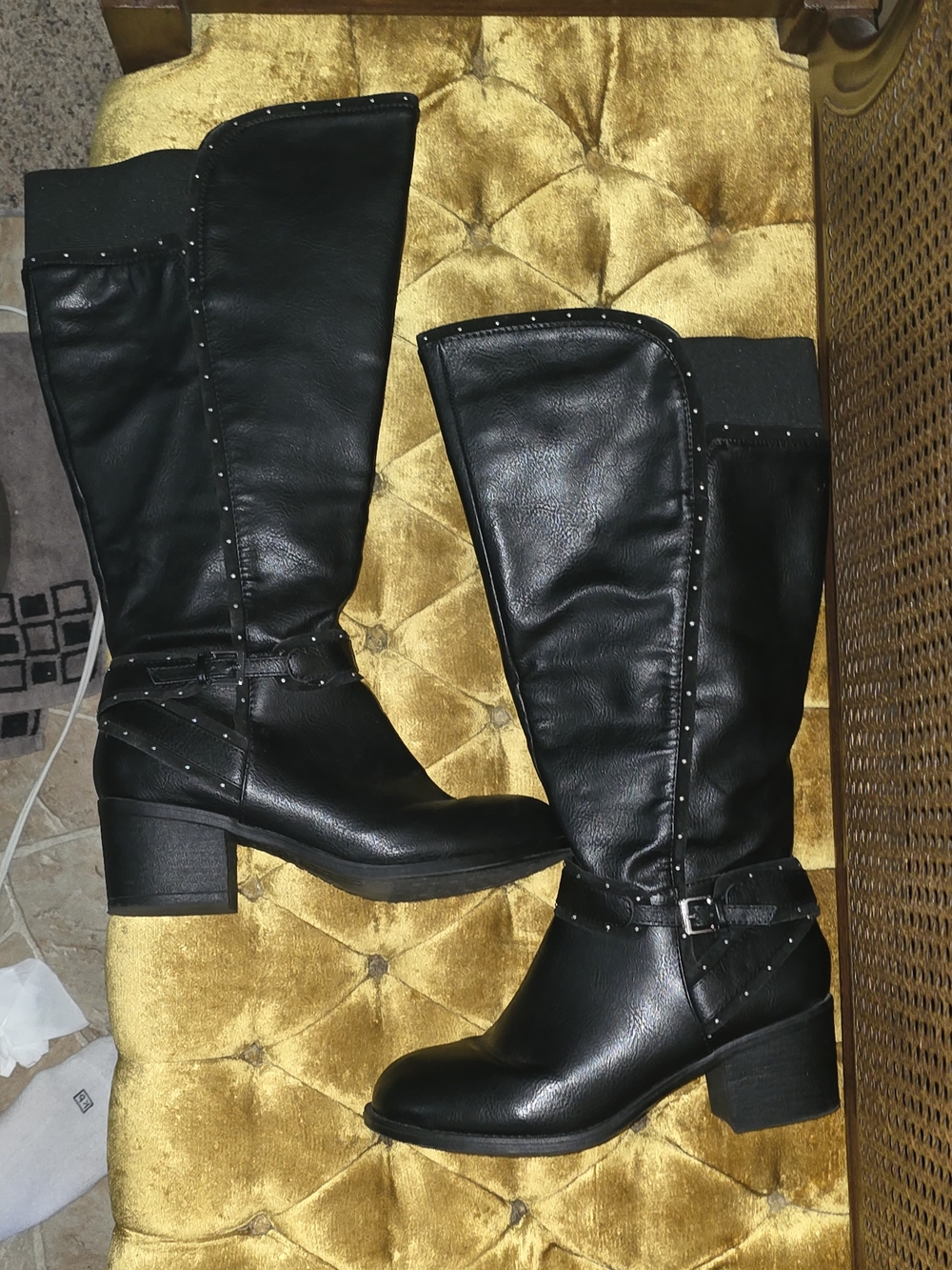 Black Studded Mid-Calf Leather Boots